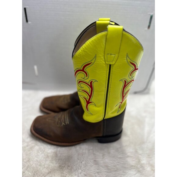 Old West Youth Cowboy Boots Size 7 D Neon Yellow & Brown Leather - Picture 4 of 11